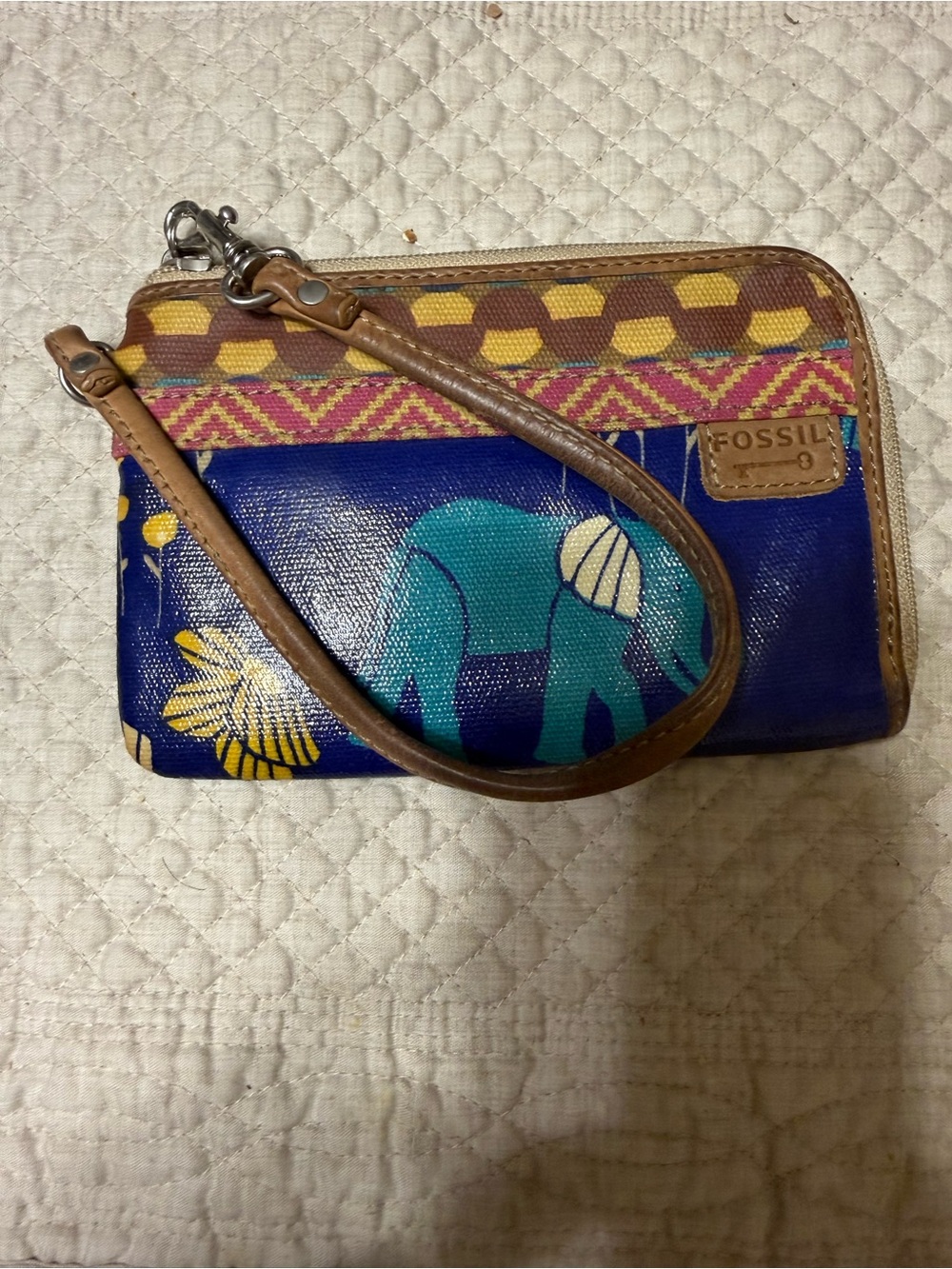 Fossil Blue Elephant Print Wristlet with Multicolor Pattern